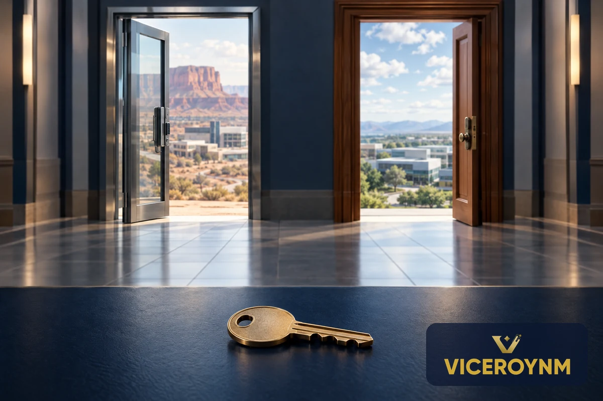 A brass key in front of two open doors representing separate national laboratory supplier registrations