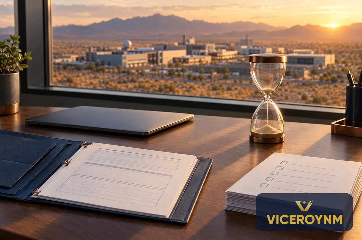Prepared quote forms and an hourglass overlooking a national laboratory campus